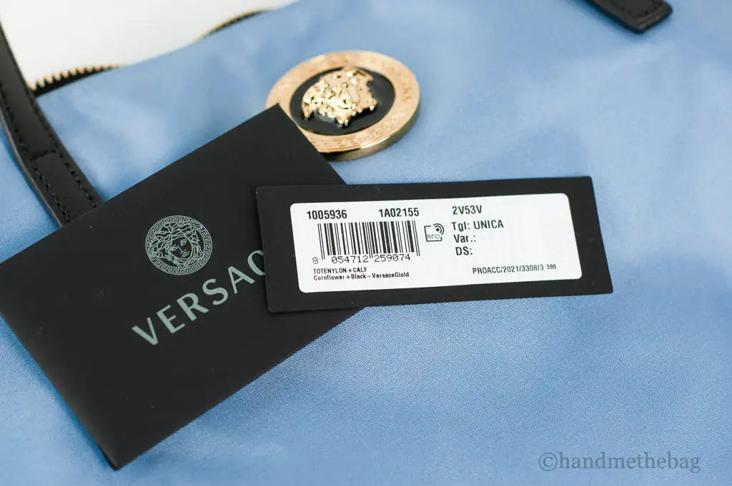 Versace Portuna Medusa Medium Cornflower Blue Nylon Leather Tote