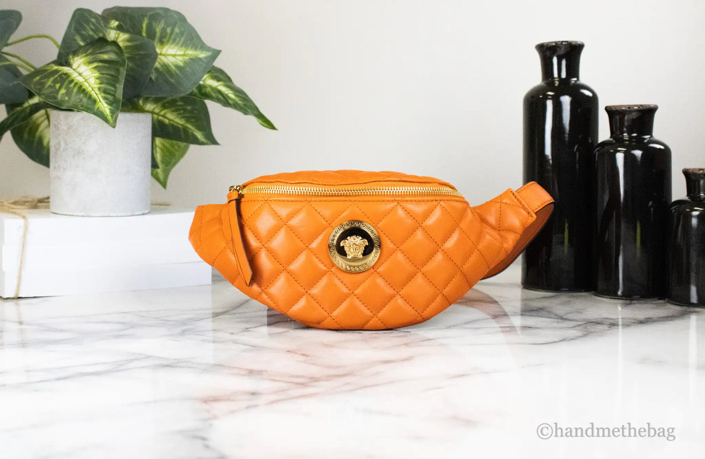 Versace Small Dark Orange Quilted Lamb Leather Belt Bag